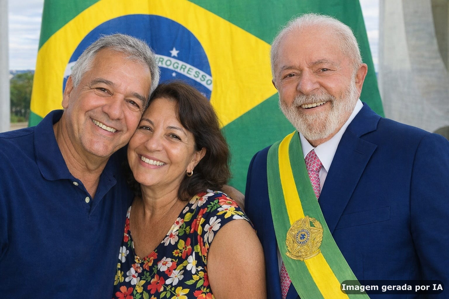 Montagem de um casal ao lado do Lula, com a bandeira do Brasil ao fundo