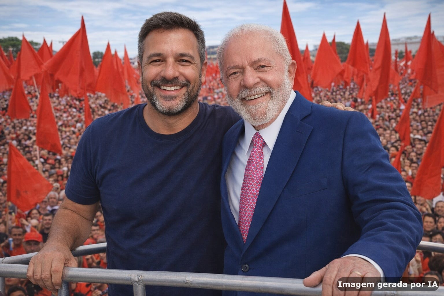 Montagem de um cliente com o Lula no palanque de um comicio