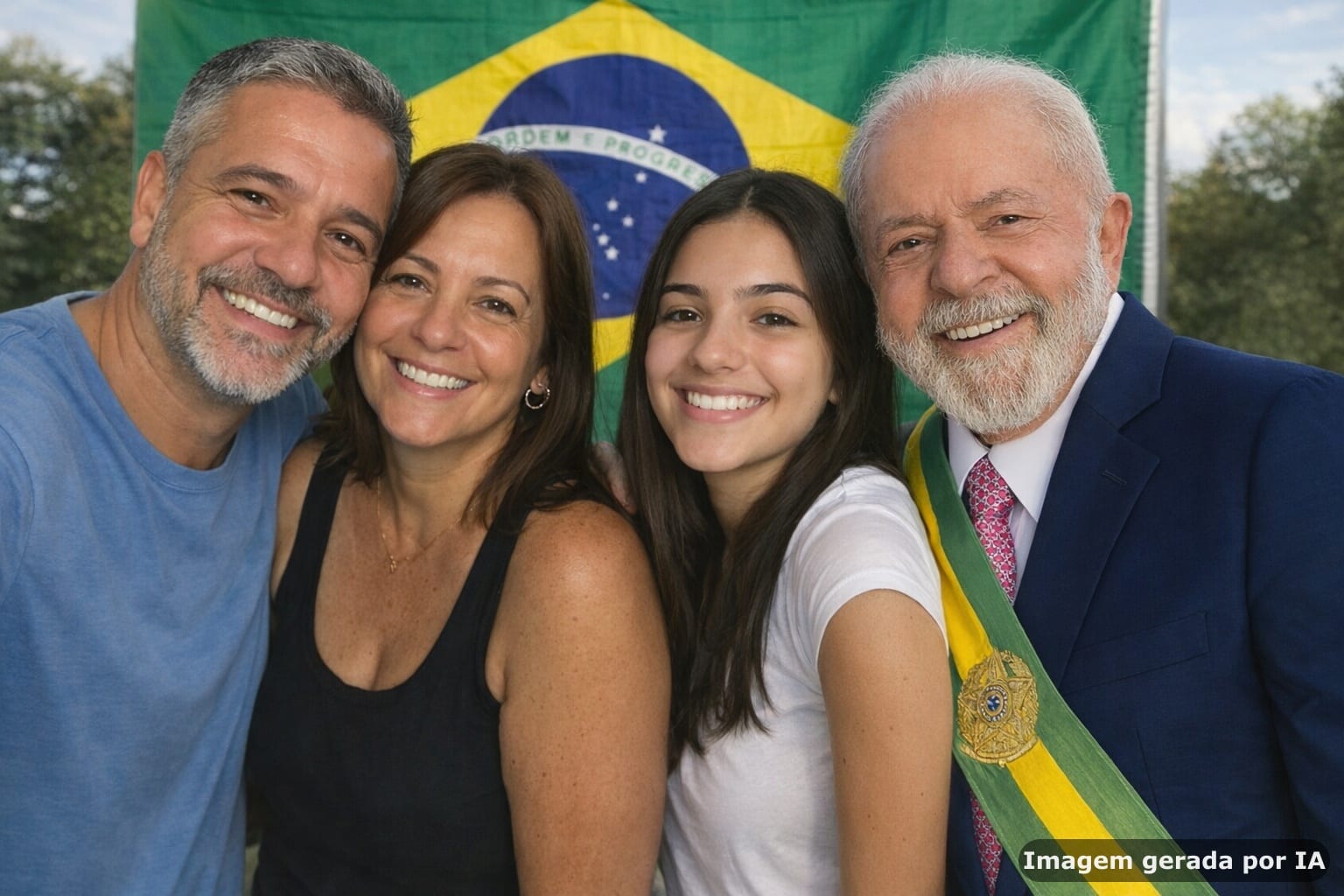 Montagem de uma familia ao lado do Lula, feita a partir de uma selfie
