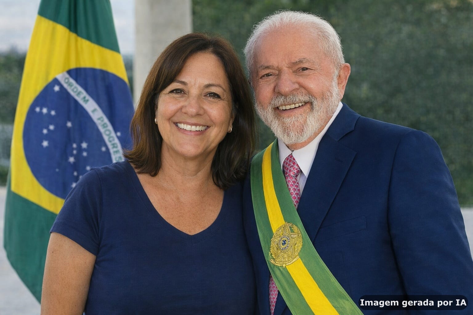 Montagem de uma cliente ao lado do Lula, com a bandeira do Brasil ao fundo